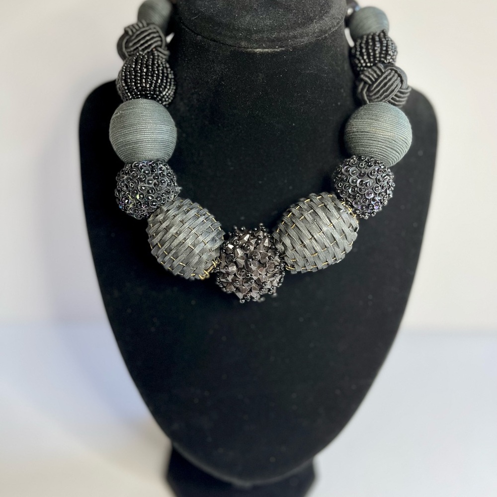 Vintage Chunky Necklace - mixed beads, wicker, cotton, silk, sequins